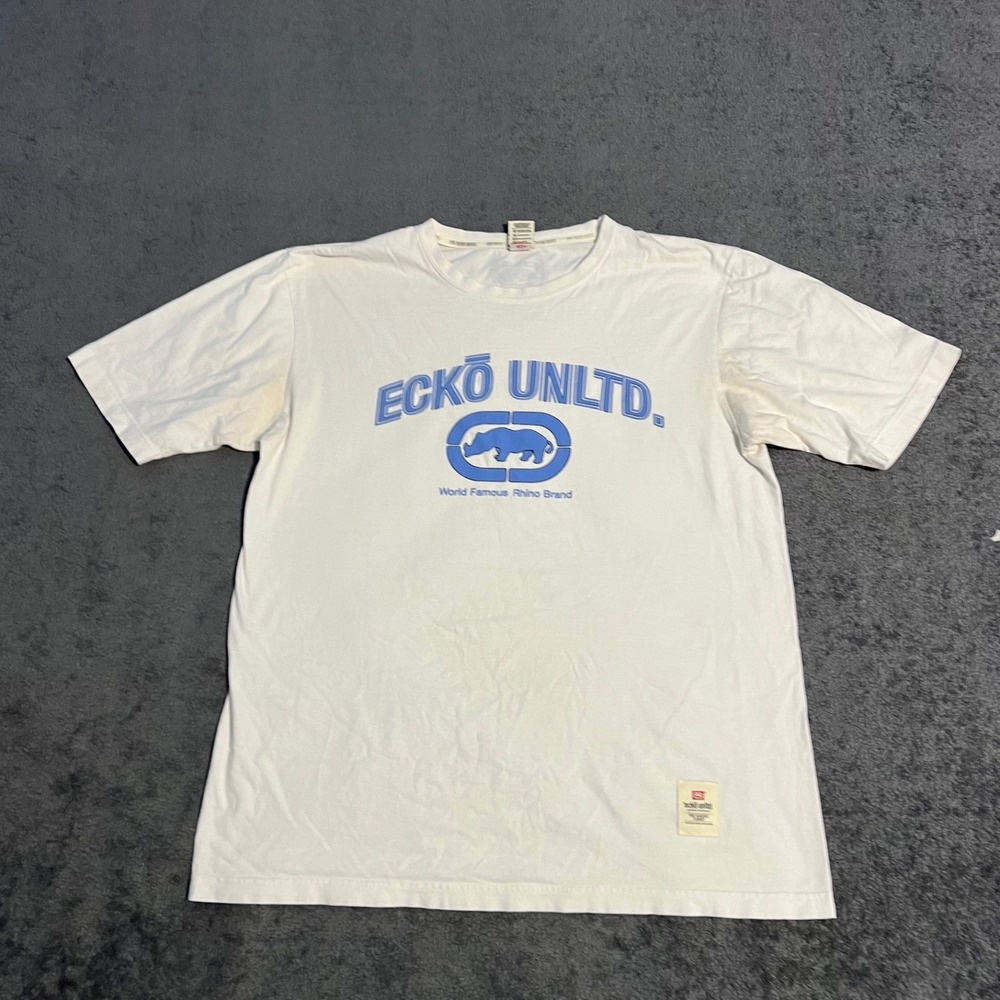 Vintage Y2K Ecko Unltd Mens XL White Blue Rhino Logo Shirt Streetwear Hip-Hop
